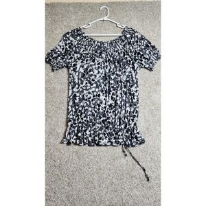 Apt 9 Abstract Print Smocked Neck Peasant Top Short Sleeve Blouse Gray White Med